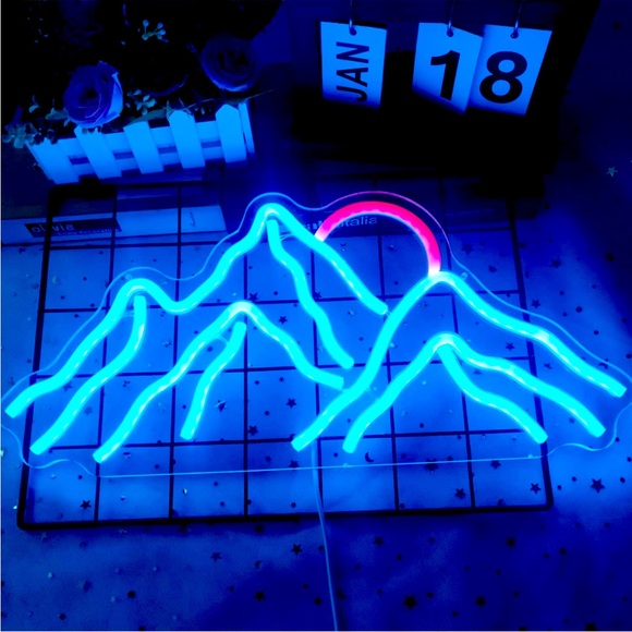 Neon Blue Mountain Range Outdoor Nature Lover Sunset BrightLight Sign Wall Decor - Picture 2 of 5